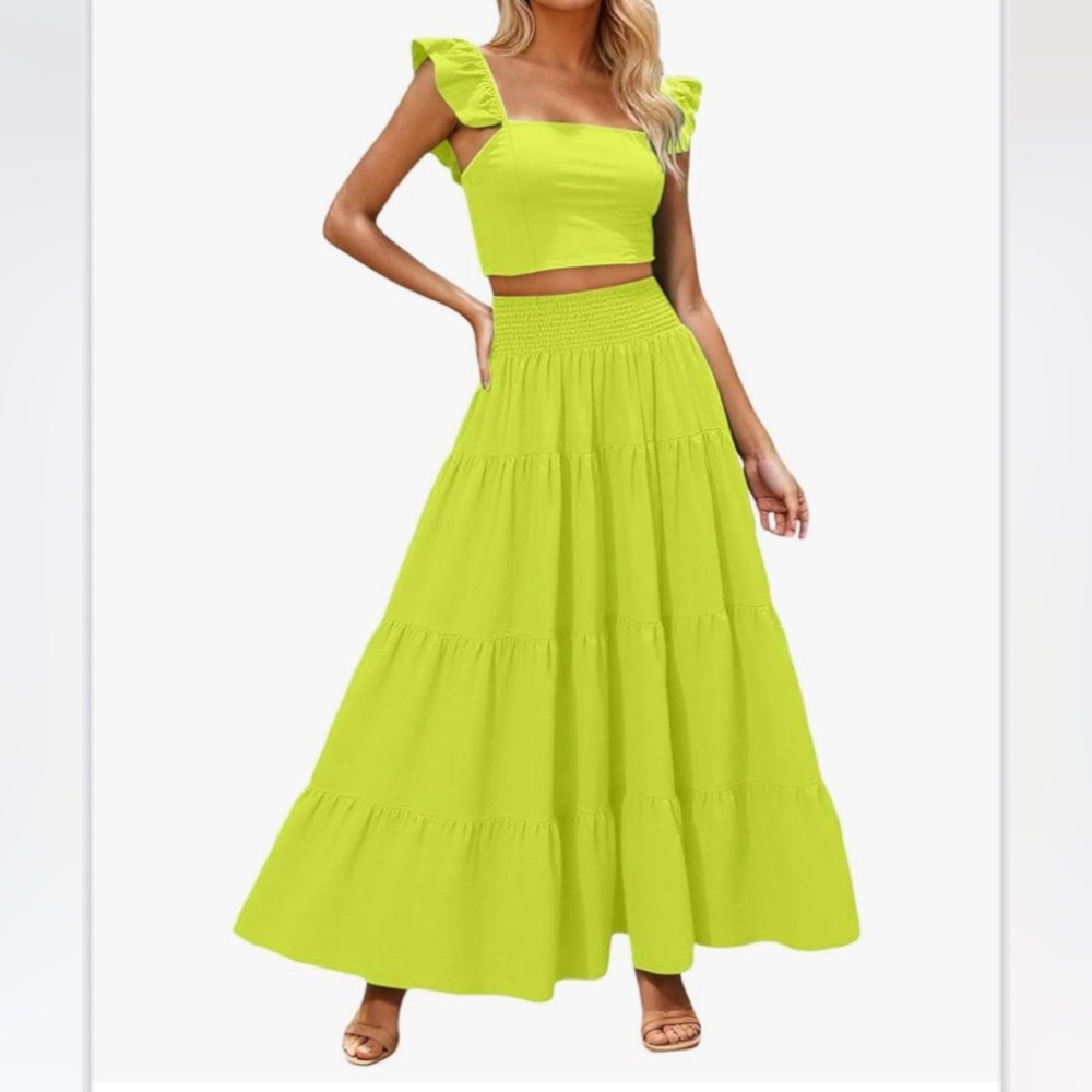 Maxi Skirt Women 2 Piece Ruffle Sleeve Crop Tank Top and High Waist Tiered Skirt